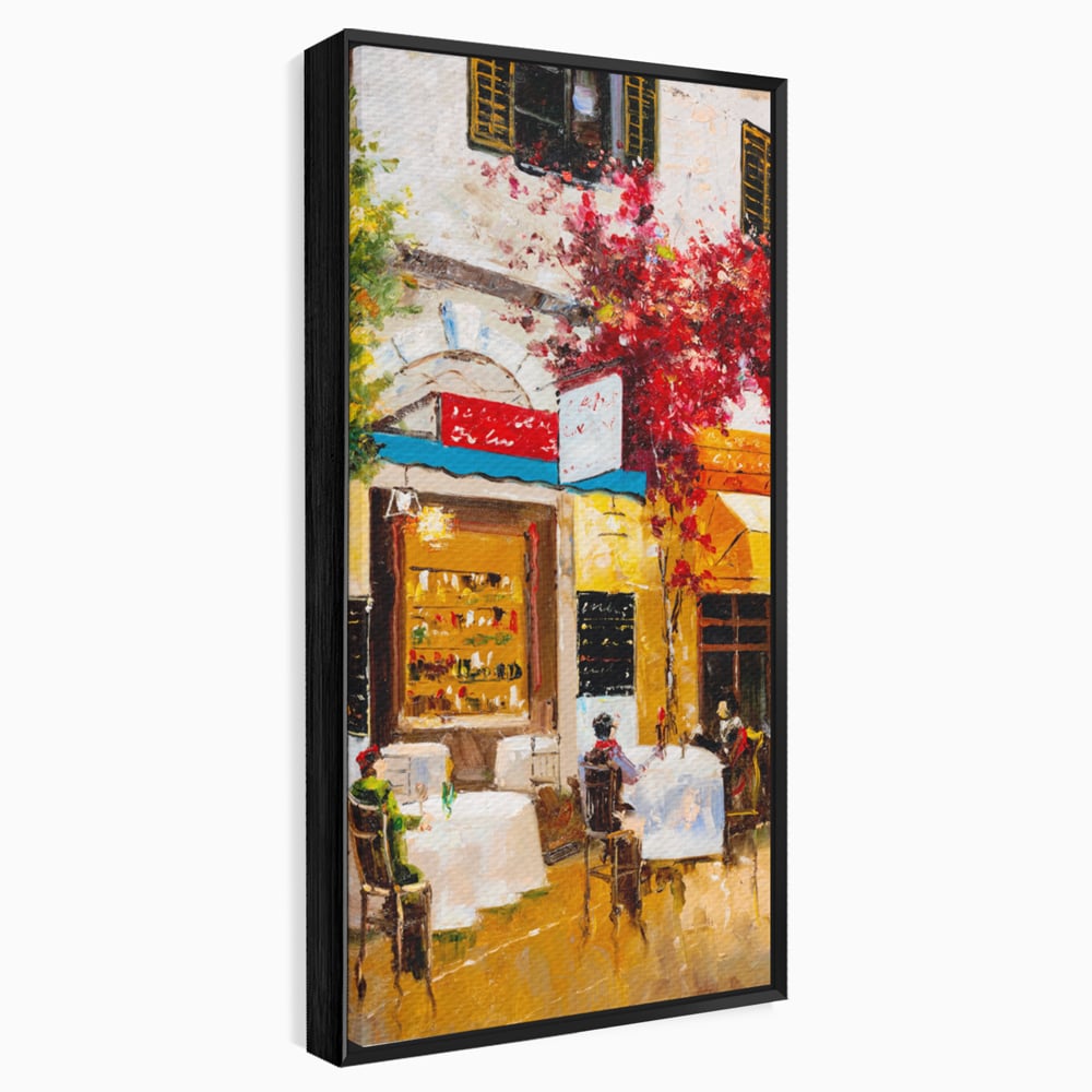 Tablou canvas cu pictura stradala cu terasa, in rama de aluminiu negru